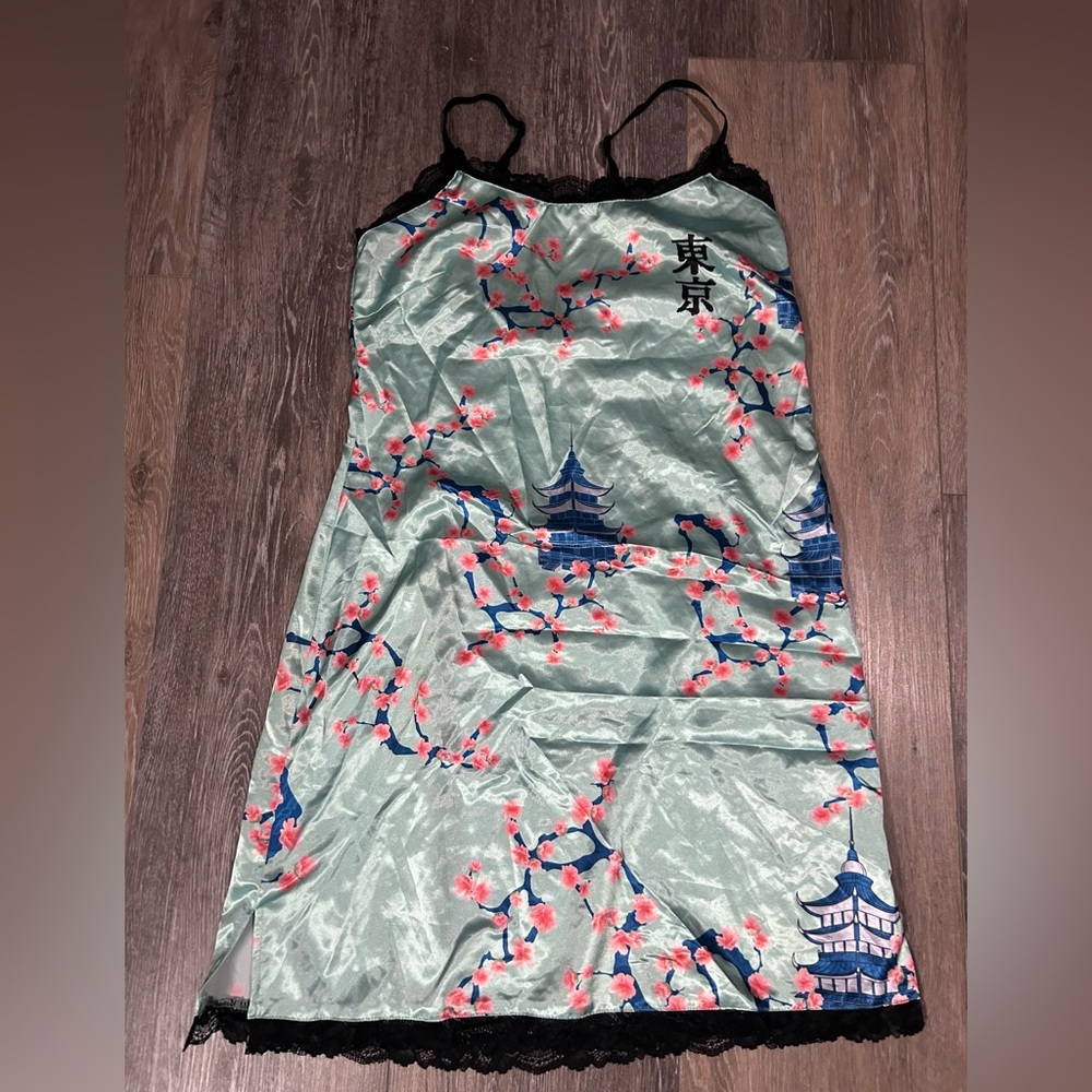 Satin Cherry Blossom Slip Dress with Pagoda Print